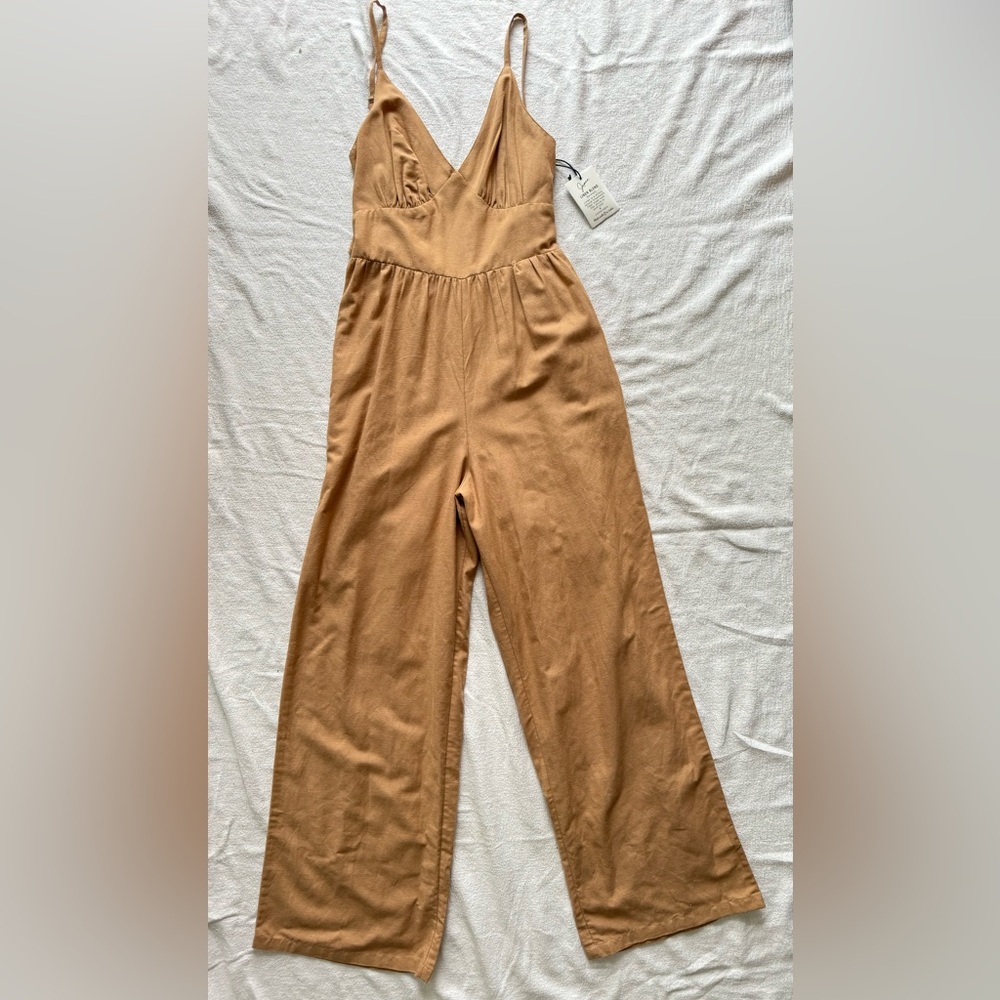 NWT Linen Tan Camel Wide leg Jumpsuit Romper